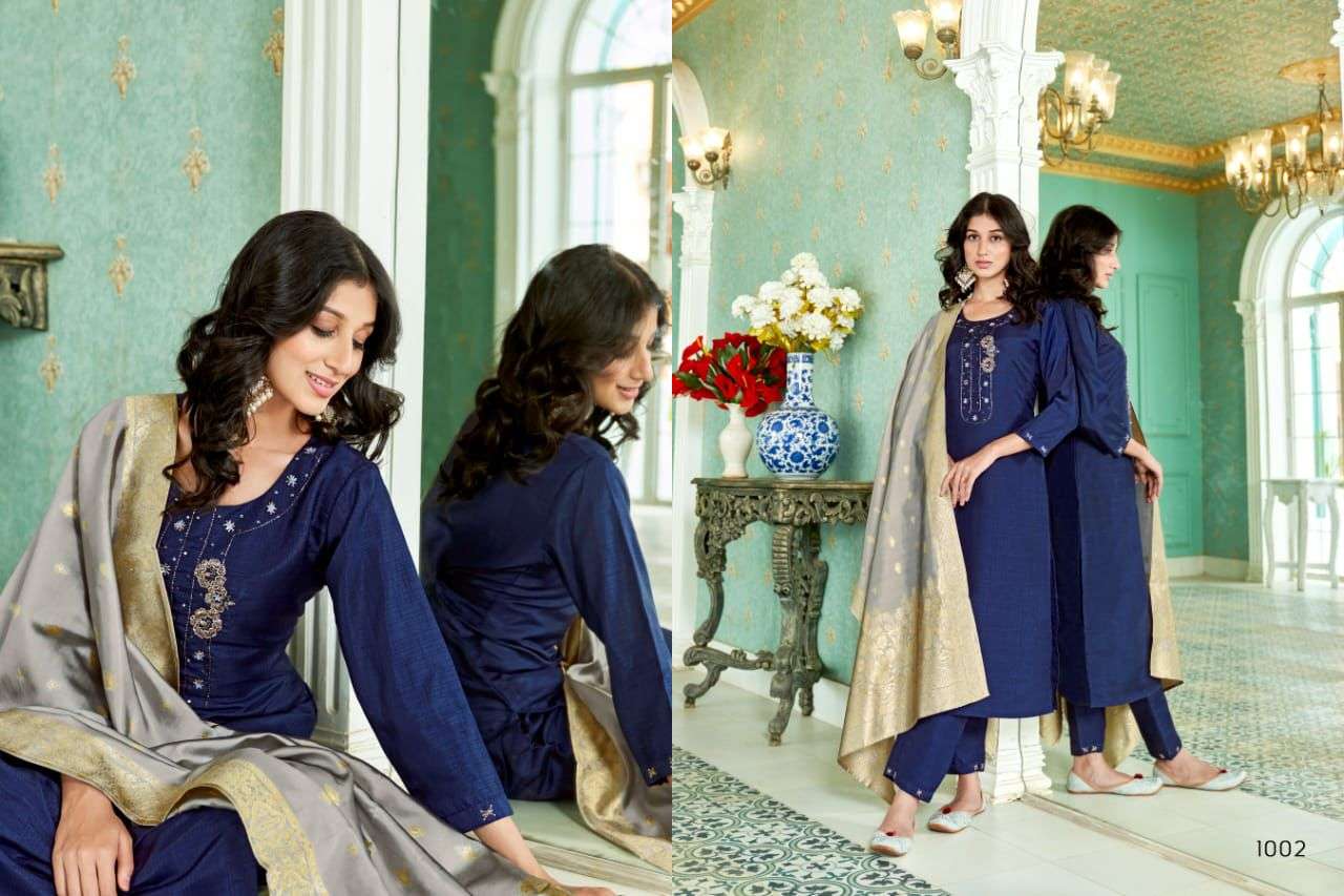 GUNGROO BY SWEETY FASHION CHINON SILK BASE WITH HEAVY JACQUARD KURTI PANT DUPATTA WITH INNER 