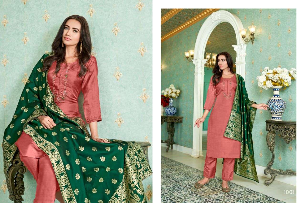 GUNGROO BY SWEETY FASHION CHINON SILK BASE WITH HEAVY JACQUARD KURTI PANT DUPATTA WITH INNER 