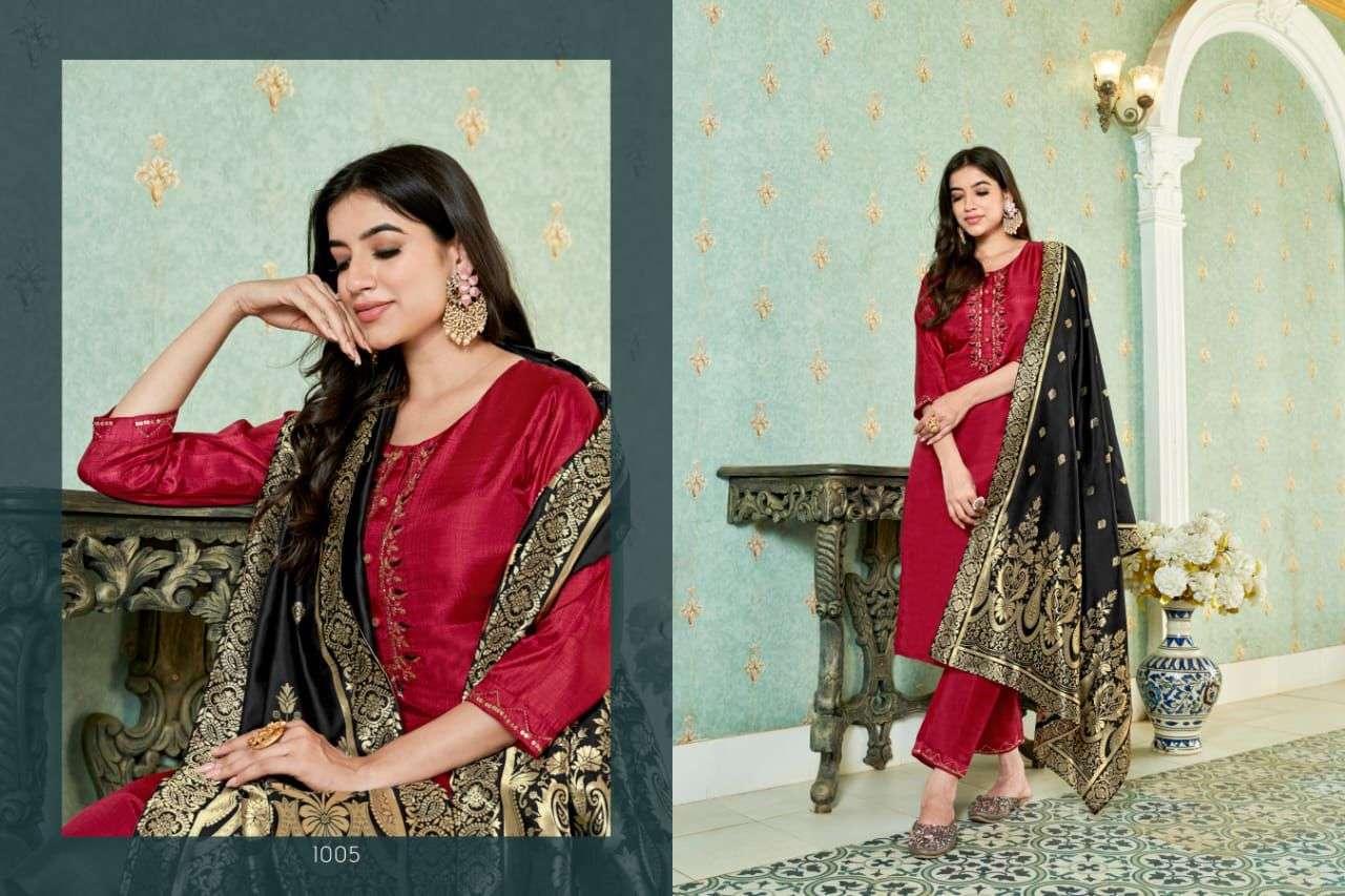 GUNGROO BY SWEETY FASHION CHINON SILK BASE WITH HEAVY JACQUARD KURTI PANT DUPATTA WITH INNER 