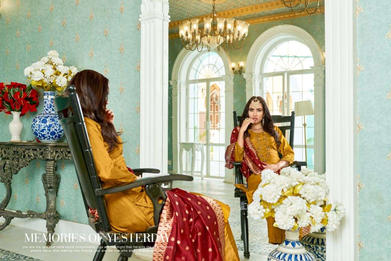 GUNGROO BY SWEETY FASHION CHINON SILK BASE WITH HEAVY JACQUARD KURTI PANT DUPATTA WITH INNER 