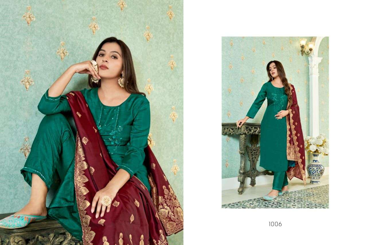 GUNGROO BY SWEETY FASHION CHINON SILK BASE WITH HEAVY JACQUARD KURTI PANT DUPATTA WITH INNER 