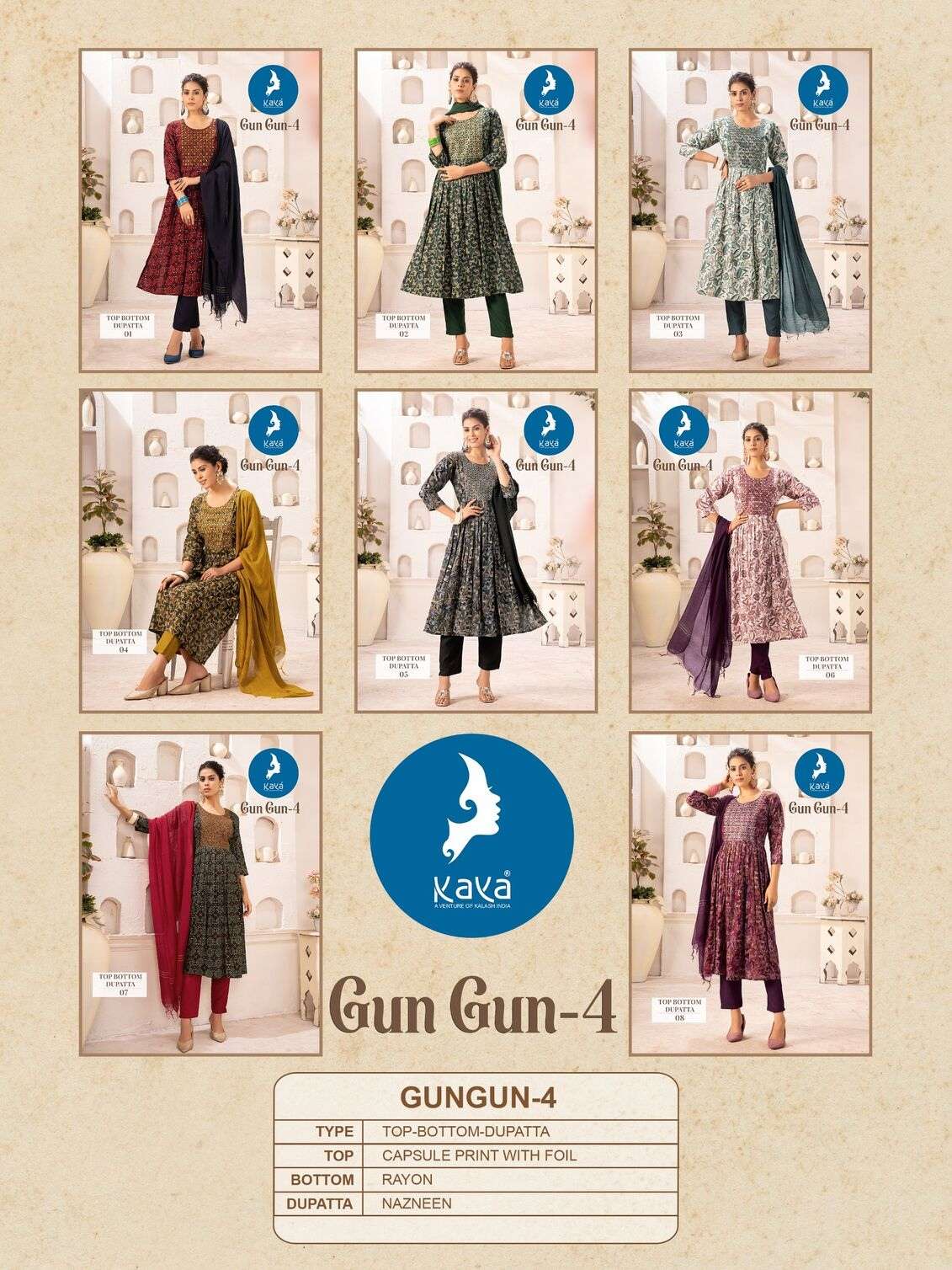 GUNGUN VOL-4 BY KAYA KURTI CAPSULE FOIL PRINT KURTI PANT WITH NAZNEEN DUPATTA 