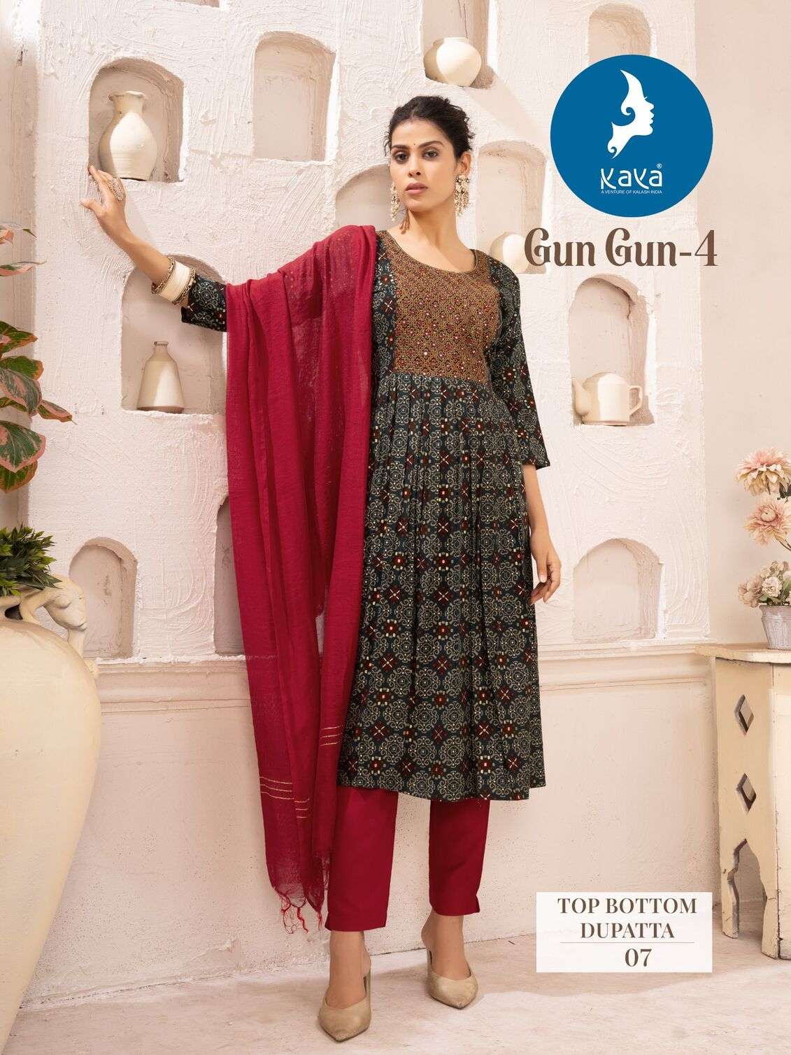 GUNGUN VOL-4 BY KAYA KURTI CAPSULE FOIL PRINT KURTI PANT WITH NAZNEEN DUPATTA 