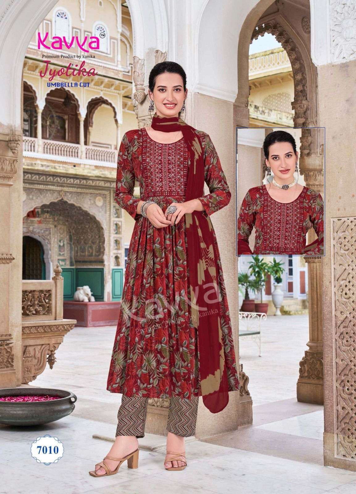 JYOTIKA VOL-7 BY KAVYA RAYON FABRIC UMBRELLA CUT V NECK PRINTED DESIGN SALWAR SUITS  