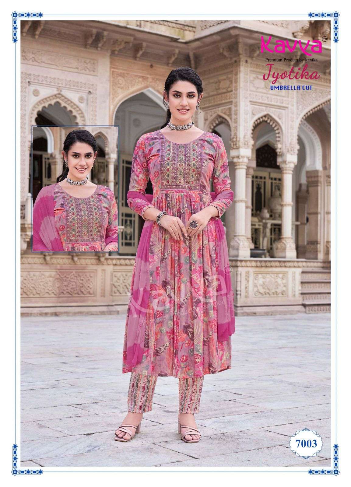 JYOTIKA VOL-7 BY KAVYA RAYON FABRIC UMBRELLA CUT V NECK PRINTED DESIGN SALWAR SUITS  