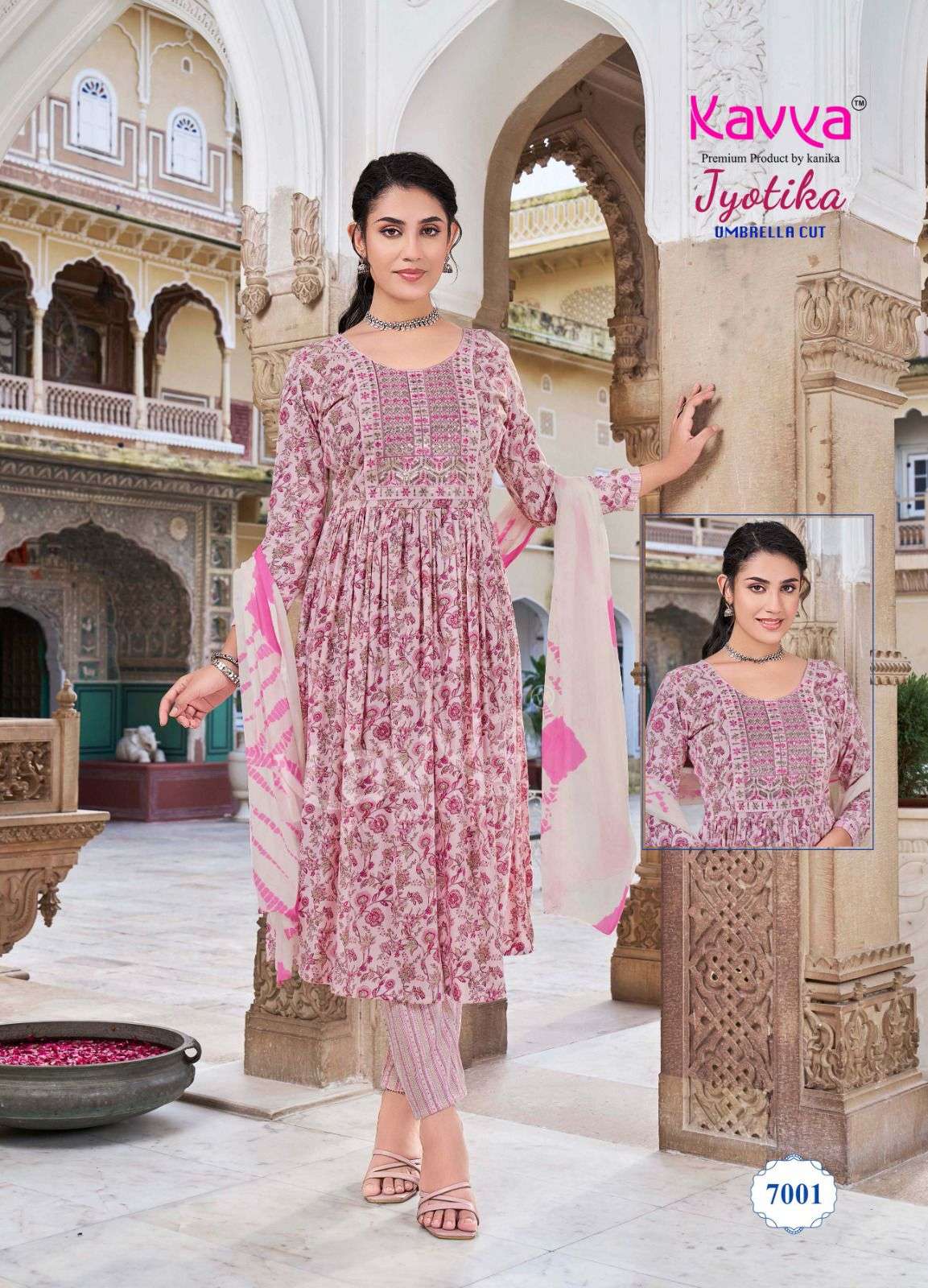 JYOTIKA VOL-7 BY KAVYA RAYON FABRIC UMBRELLA CUT V NECK PRINTED DESIGN SALWAR SUITS  