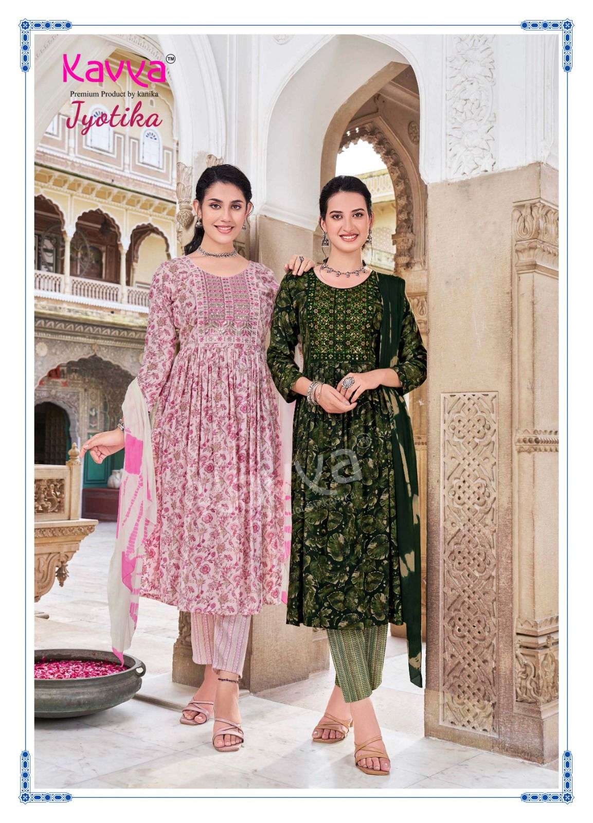 JYOTIKA VOL-7 BY KAVYA RAYON FABRIC UMBRELLA CUT V NECK PRINTED DESIGN SALWAR SUITS  