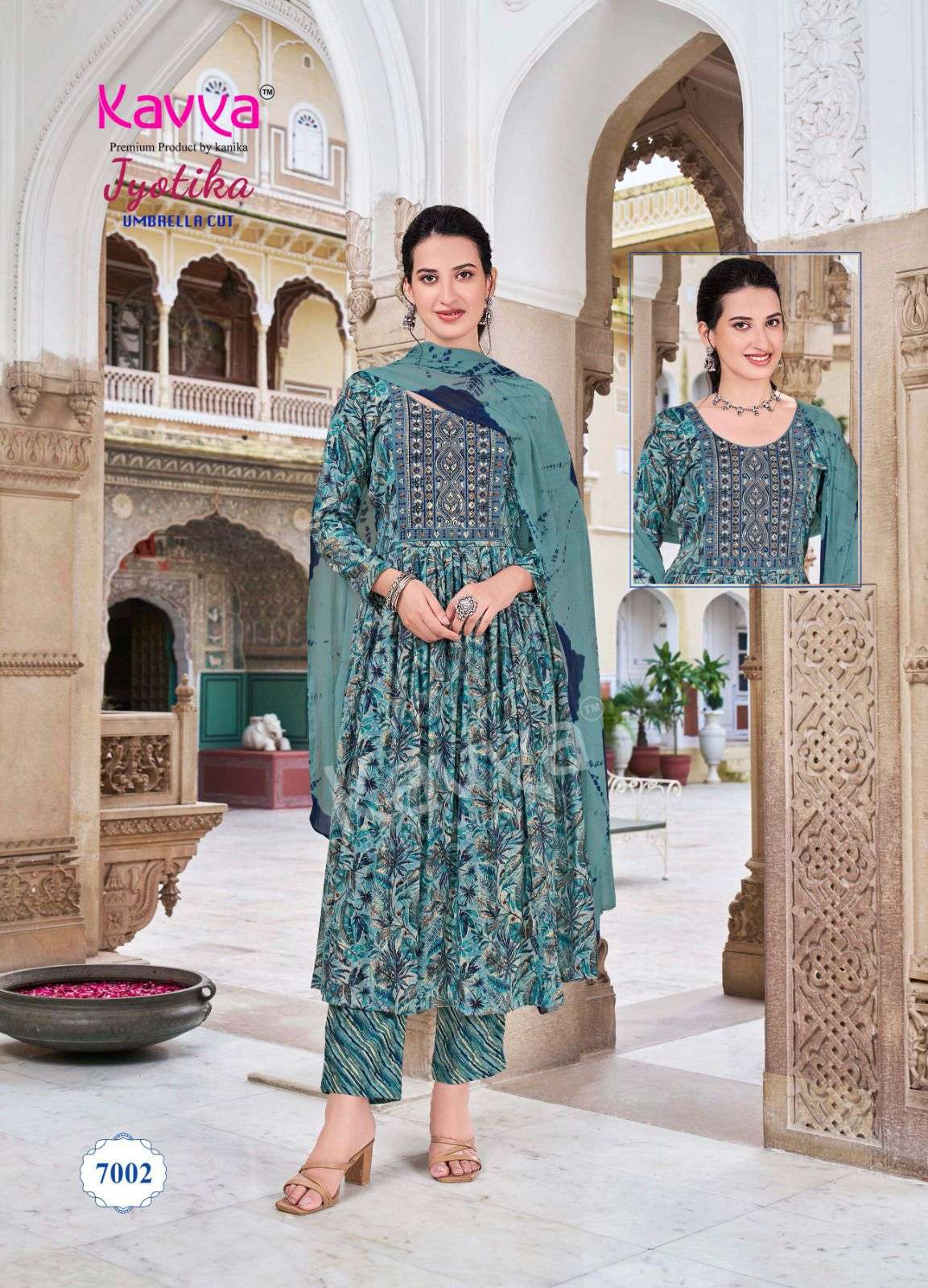 JYOTIKA VOL-7 BY KAVYA RAYON FABRIC UMBRELLA CUT V NECK PRINTED DESIGN SALWAR SUITS  