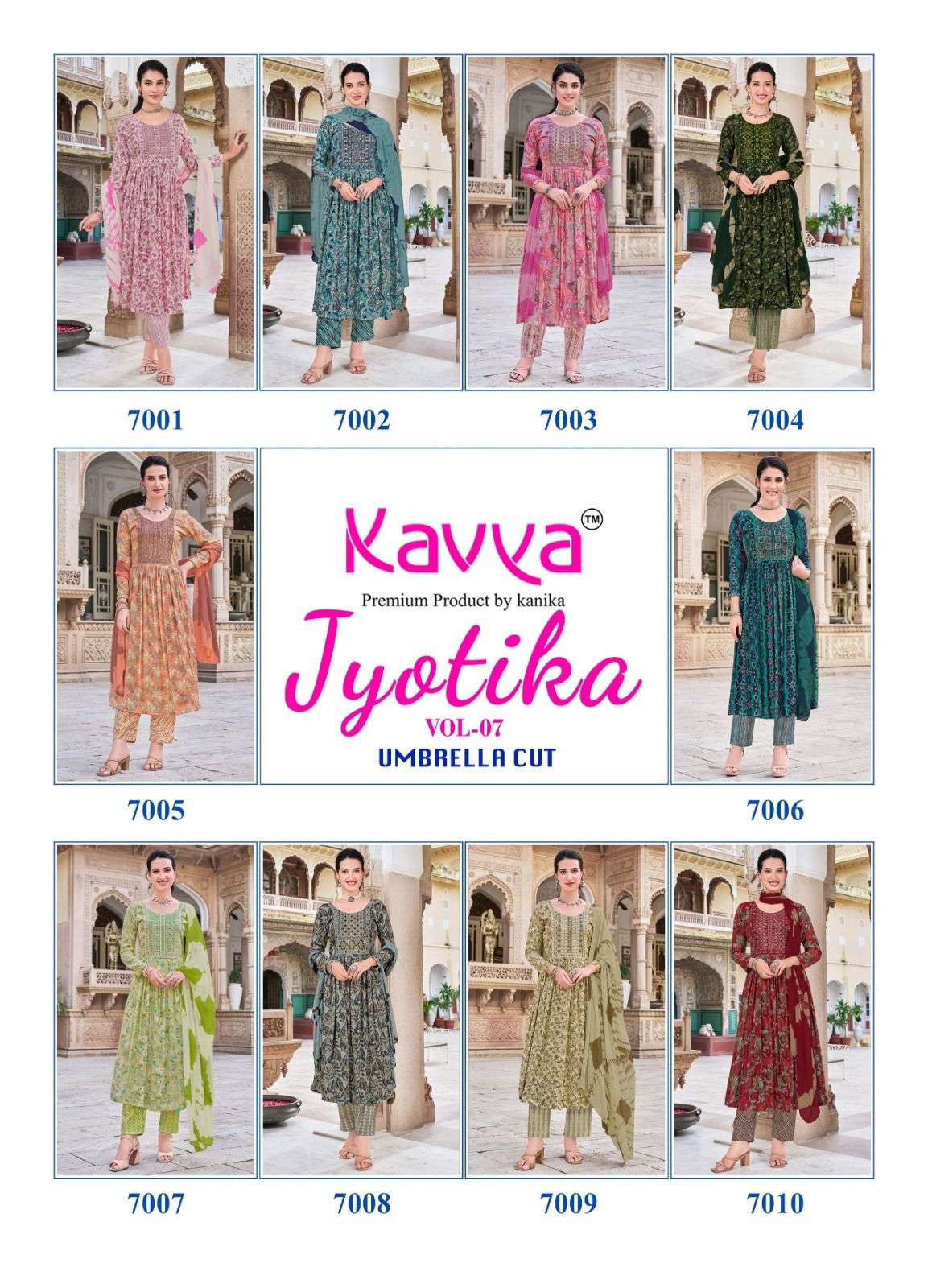 JYOTIKA VOL-7 BY KAVYA RAYON FABRIC UMBRELLA CUT V NECK PRINTED DESIGN SALWAR SUITS  