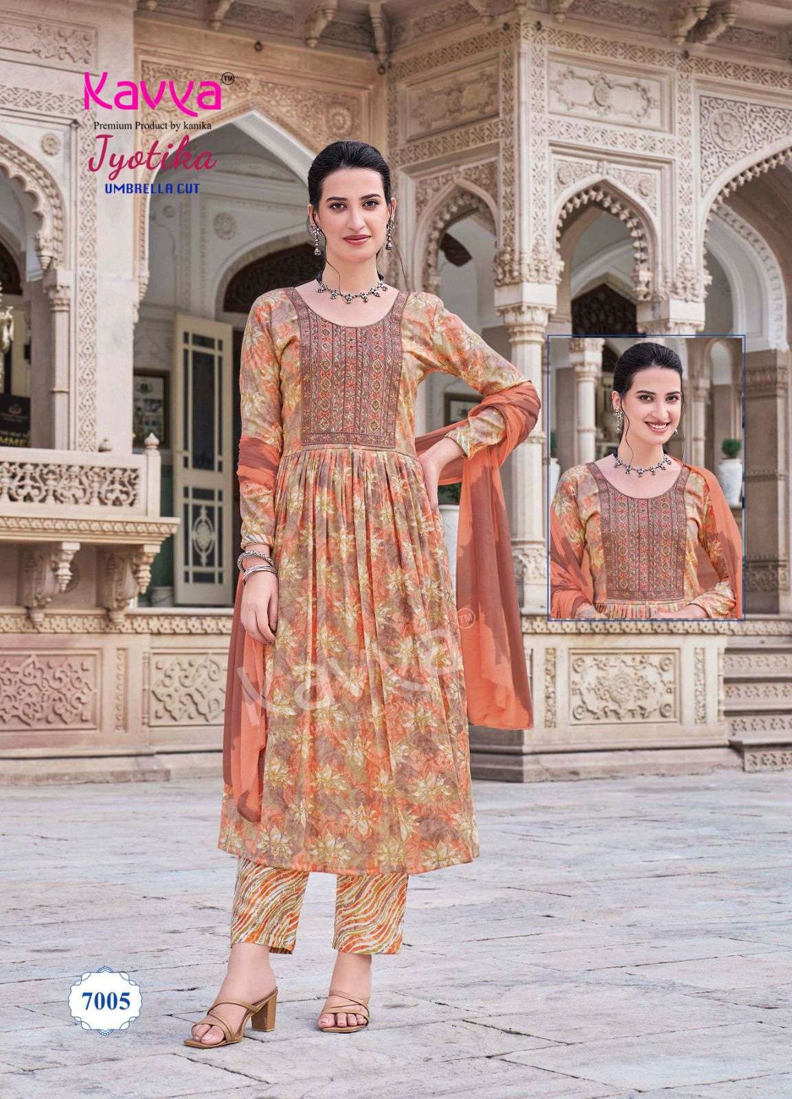 JYOTIKA VOL-7 BY KAVYA RAYON FABRIC UMBRELLA CUT V NECK PRINTED DESIGN SALWAR SUITS  