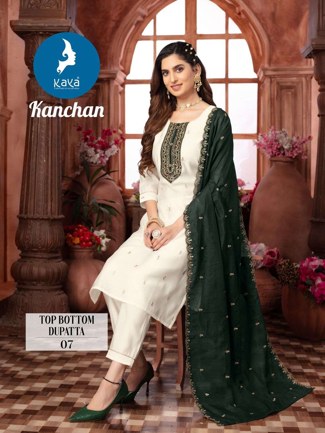 KANCHAN BY KAYA KURTI ROMAN SILK THREAD WORK KURTI PANT WITH DUPATTA 
