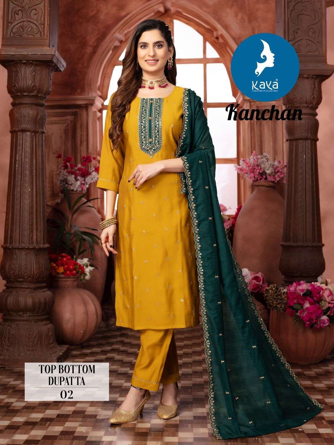 KANCHAN BY KAYA KURTI ROMAN SILK THREAD WORK KURTI PANT WITH DUPATTA 