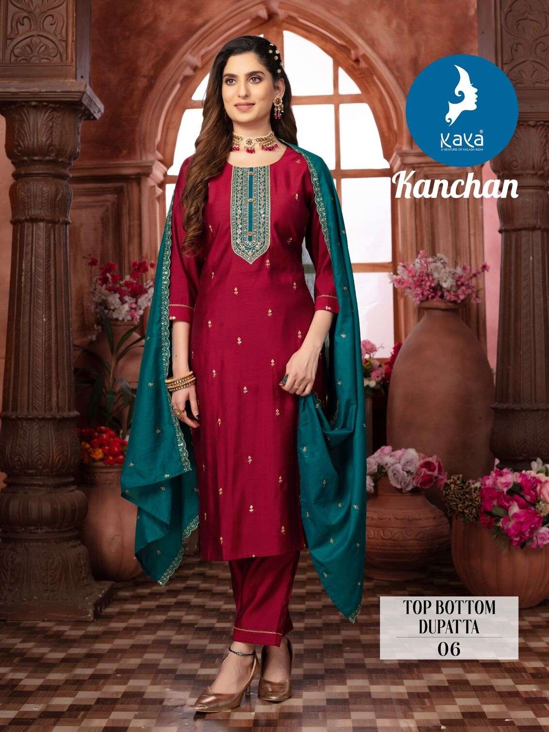 KANCHAN BY KAYA KURTI ROMAN SILK THREAD WORK KURTI PANT WITH DUPATTA 