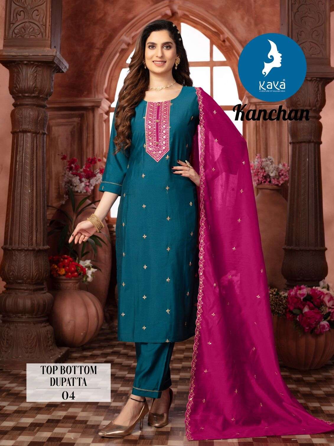 KANCHAN BY KAYA KURTI ROMAN SILK THREAD WORK KURTI PANT WITH DUPATTA 