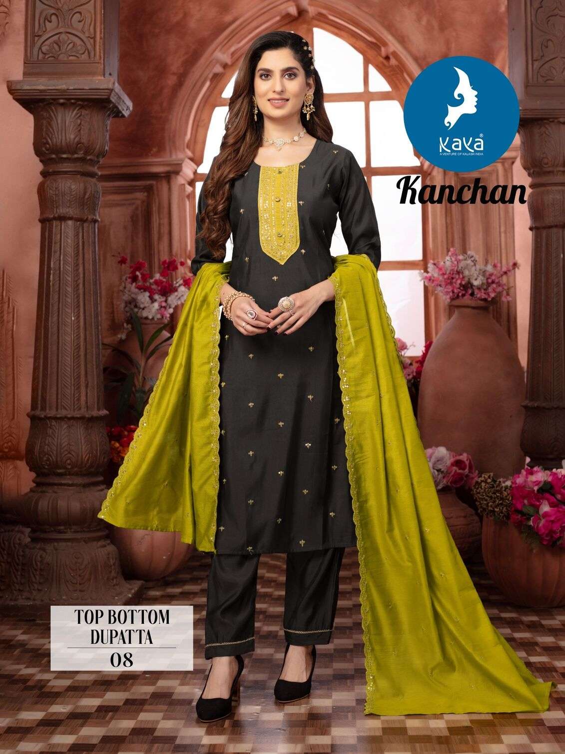 KANCHAN BY KAYA KURTI ROMAN SILK THREAD WORK KURTI PANT WITH DUPATTA 
