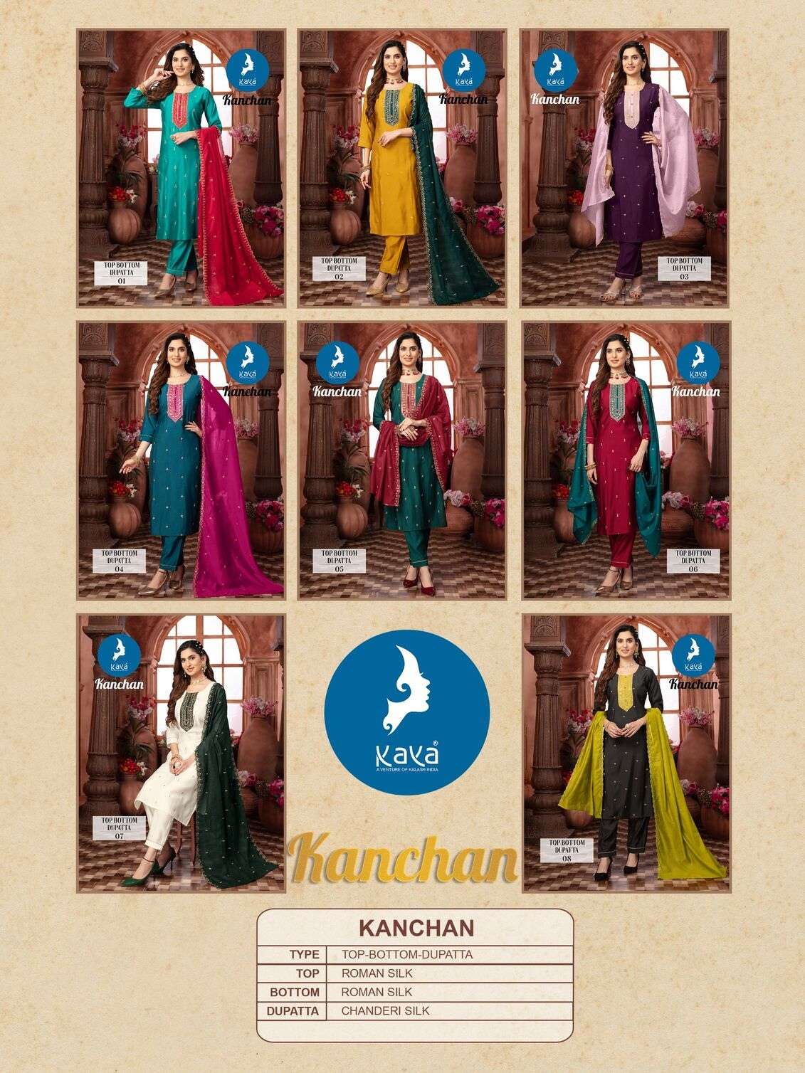 KANCHAN BY KAYA KURTI ROMAN SILK THREAD WORK KURTI PANT WITH DUPATTA 