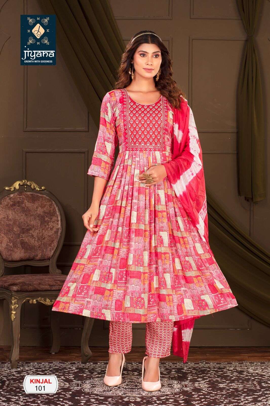 KINJAL BY JIYANA CHANDERI SEQUENCE RAYON FOIL PRINT EMBROIDERY WORK KURTI PANT WITH DUPATTA