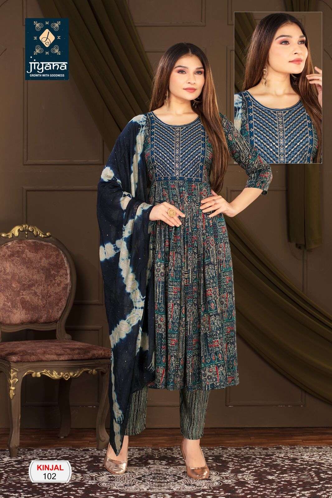 KINJAL BY JIYANA CHANDERI SEQUENCE RAYON FOIL PRINT EMBROIDERY WORK KURTI PANT WITH DUPATTA