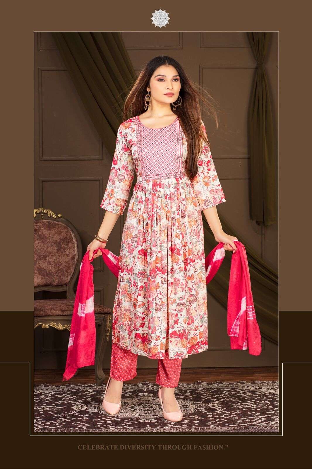 KINJAL BY JIYANA CHANDERI SEQUENCE RAYON FOIL PRINT EMBROIDERY WORK KURTI PANT WITH DUPATTA