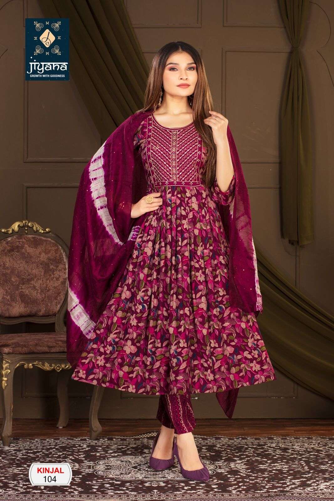 KINJAL BY JIYANA CHANDERI SEQUENCE RAYON FOIL PRINT EMBROIDERY WORK KURTI PANT WITH DUPATTA