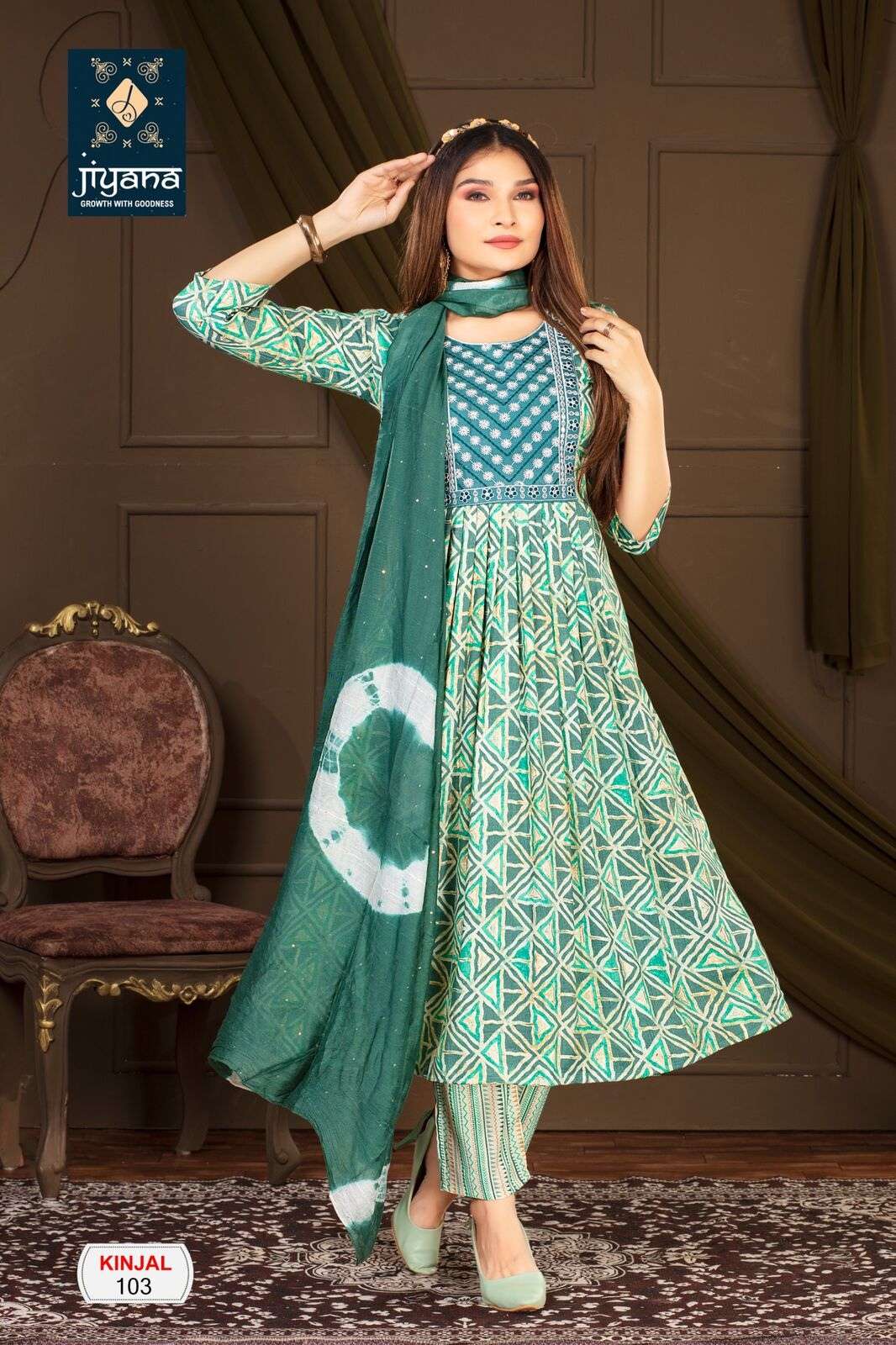 KINJAL BY JIYANA CHANDERI SEQUENCE RAYON FOIL PRINT EMBROIDERY WORK KURTI PANT WITH DUPATTA