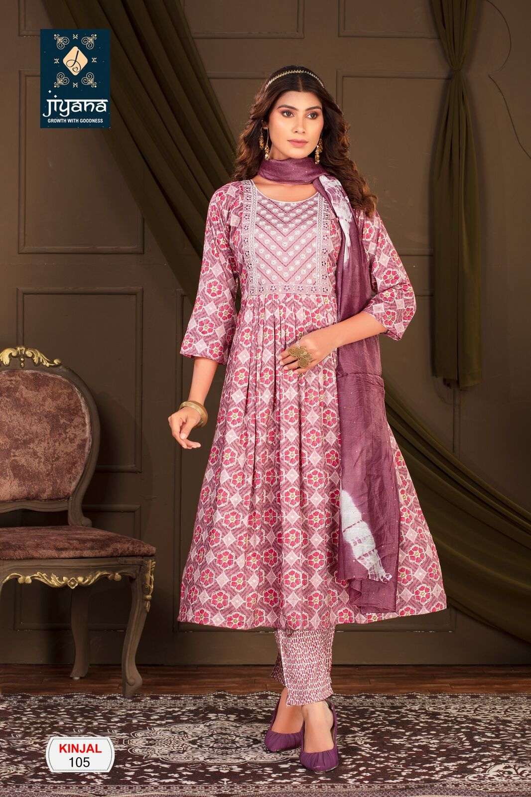 KINJAL BY JIYANA CHANDERI SEQUENCE RAYON FOIL PRINT EMBROIDERY WORK KURTI PANT WITH DUPATTA