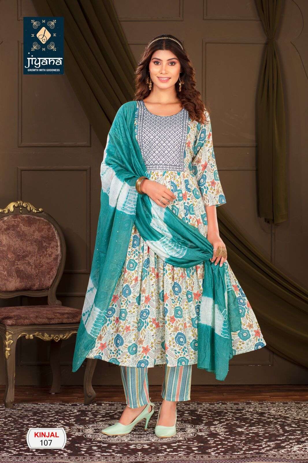 KINJAL BY JIYANA CHANDERI SEQUENCE RAYON FOIL PRINT EMBROIDERY WORK KURTI PANT WITH DUPATTA