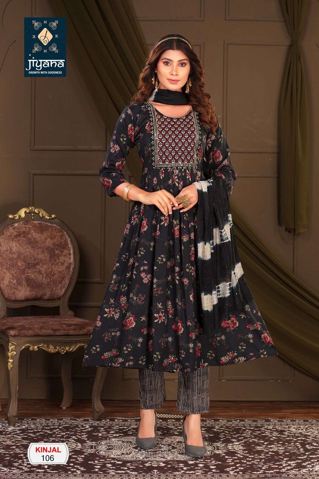 KINJAL BY JIYANA CHANDERI SEQUENCE RAYON FOIL PRINT EMBROIDERY WORK KURTI PANT WITH DUPATTA