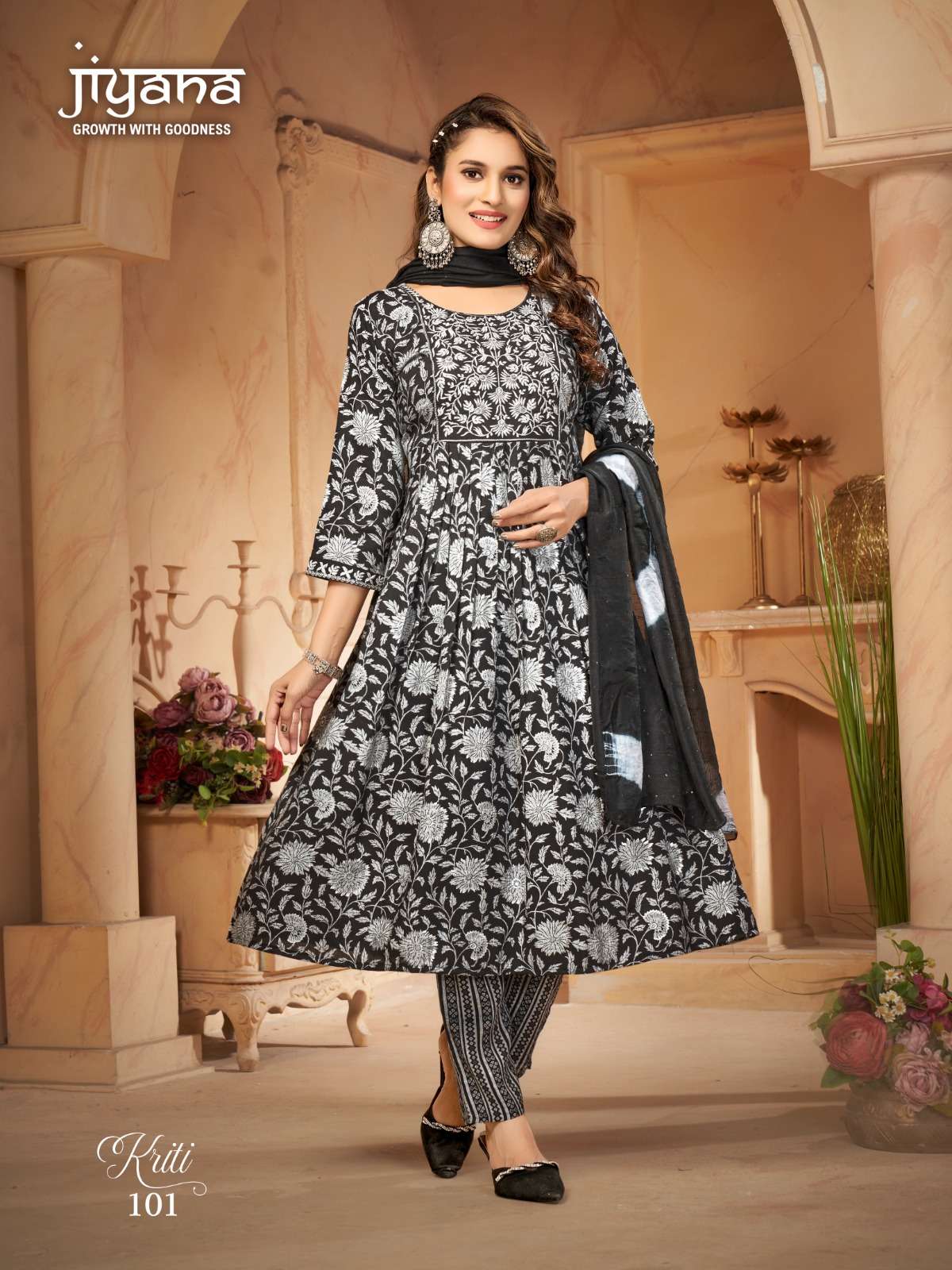 KIRTI BY JIYANA TWO TON RAYON FOIL PRINT EMBROIDERY WORK KURTI PANT WITH SIBORI DUPATTA 