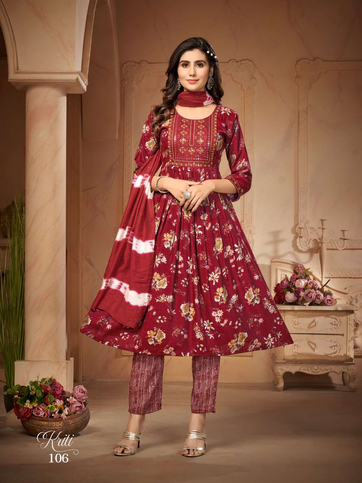 KIRTI BY JIYANA TWO TON RAYON FOIL PRINT EMBROIDERY WORK KURTI PANT WITH SIBORI DUPATTA 
