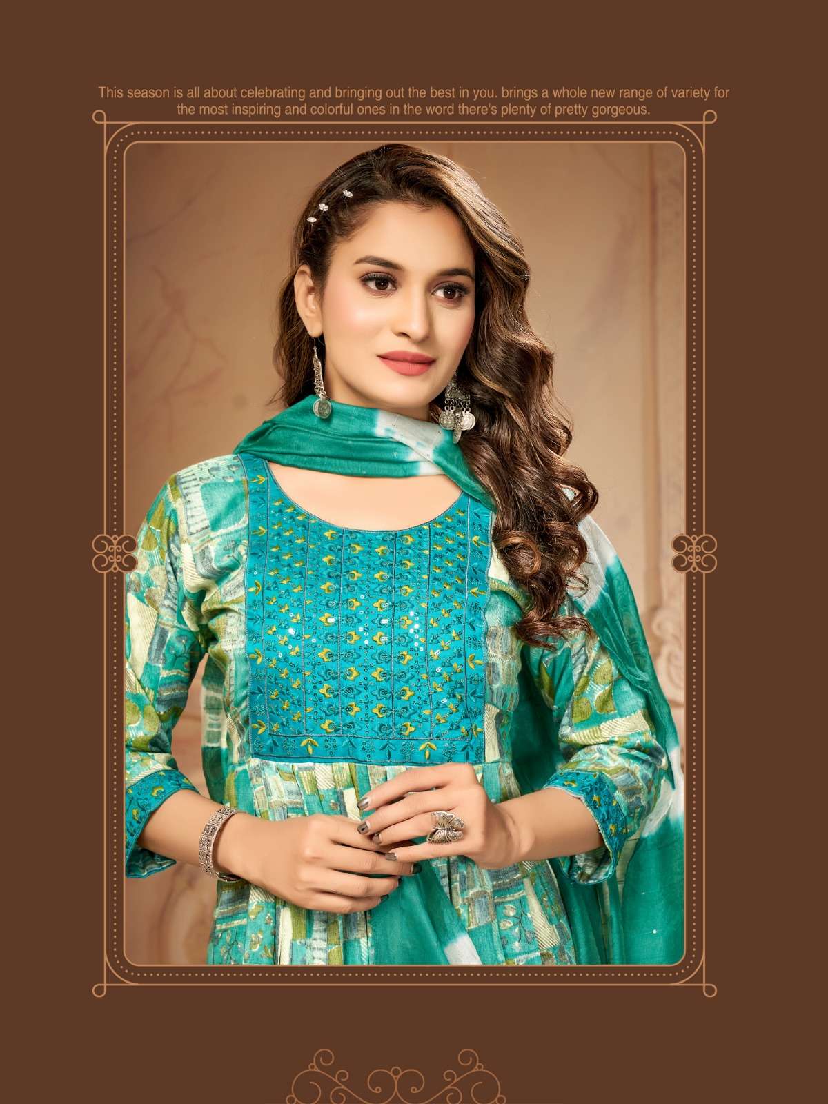 KIRTI BY JIYANA TWO TON RAYON FOIL PRINT EMBROIDERY WORK KURTI PANT WITH SIBORI DUPATTA 