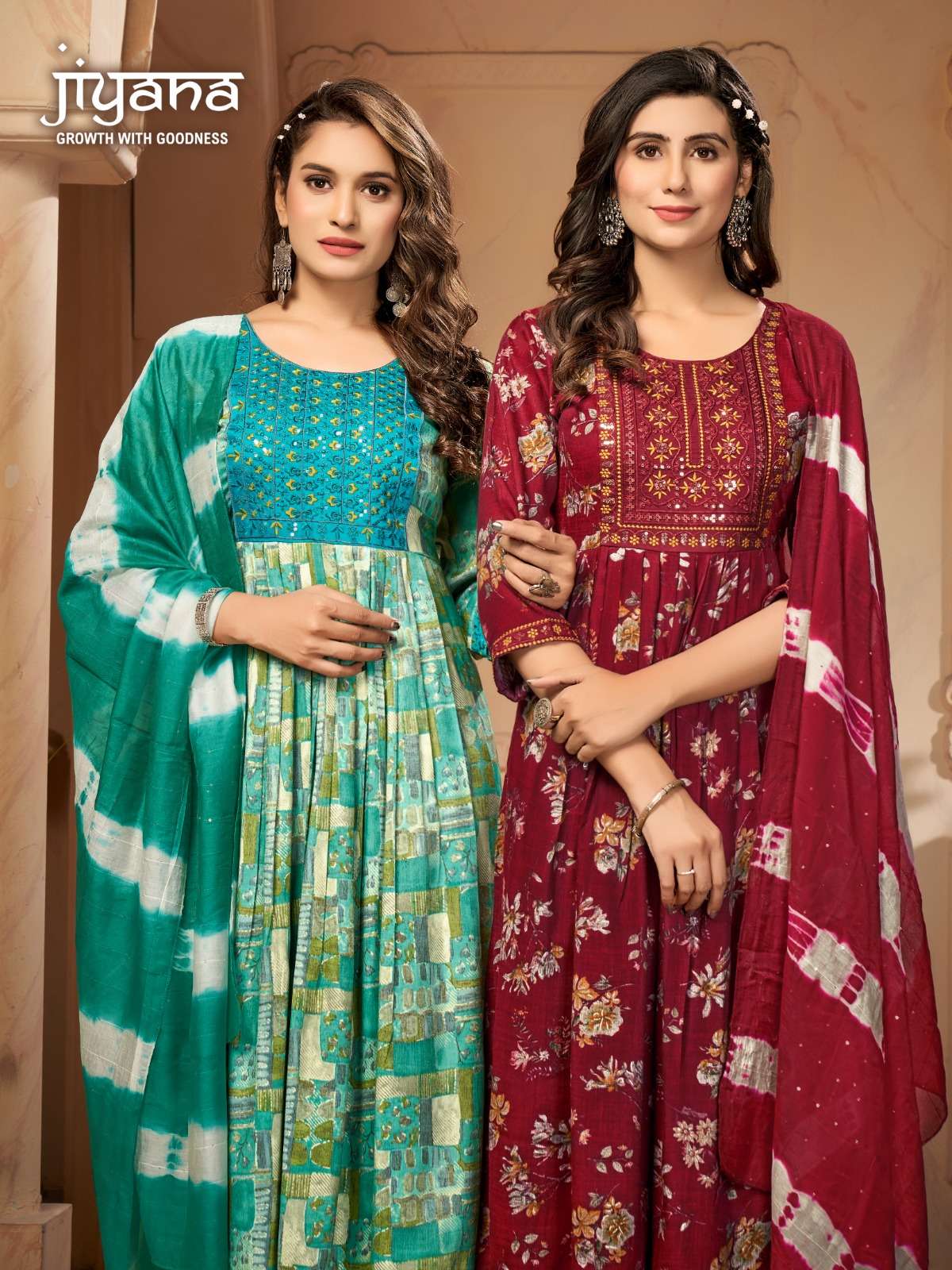 KIRTI BY JIYANA TWO TON RAYON FOIL PRINT EMBROIDERY WORK KURTI PANT WITH SIBORI DUPATTA 