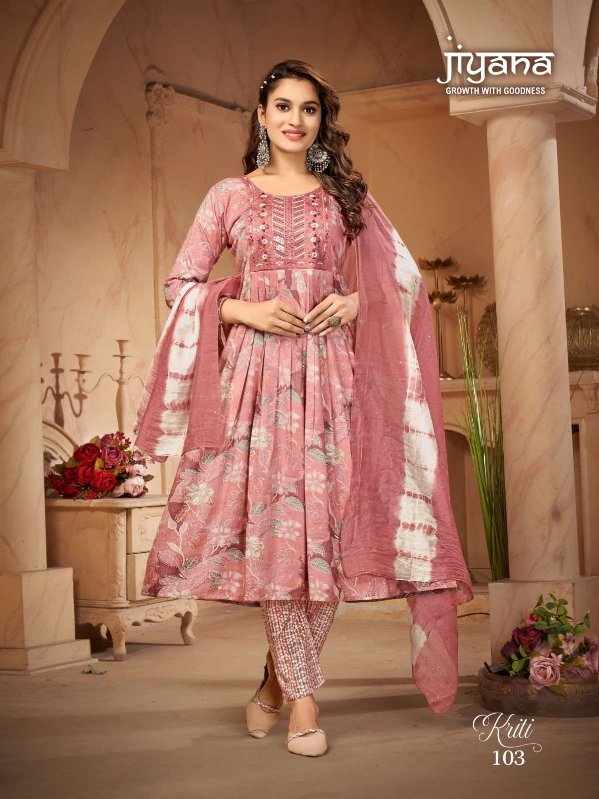 KIRTI BY JIYANA TWO TON RAYON FOIL PRINT EMBROIDERY WORK KURTI PANT WITH SIBORI DUPATTA 