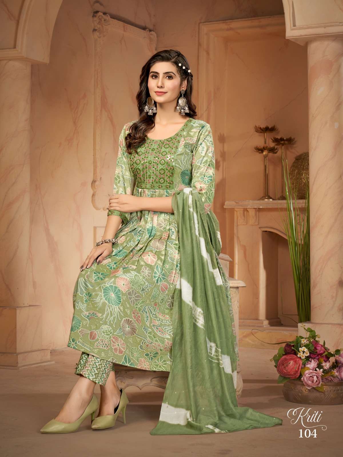 KIRTI BY JIYANA TWO TON RAYON FOIL PRINT EMBROIDERY WORK KURTI PANT WITH SIBORI DUPATTA 