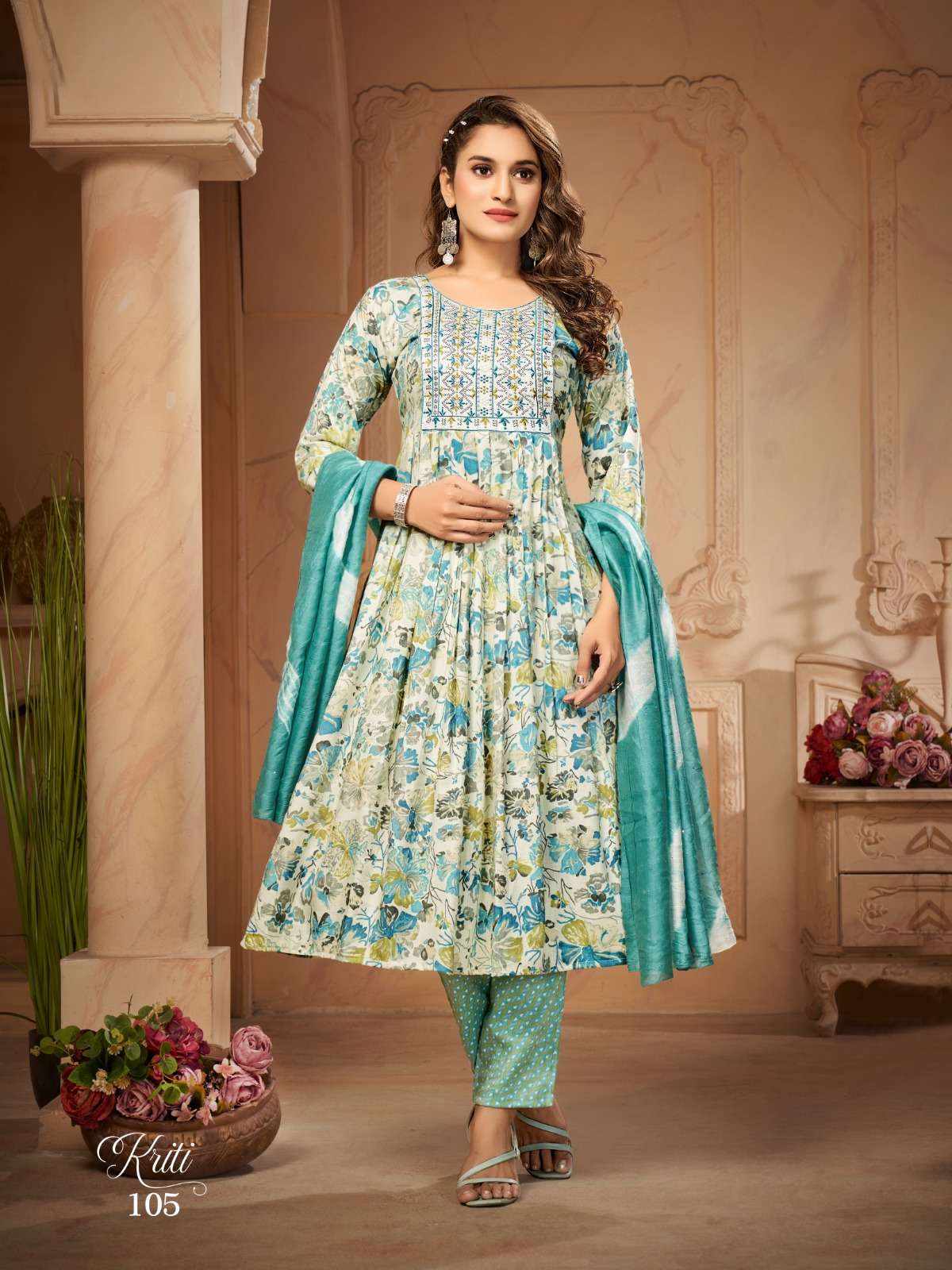 KIRTI BY JIYANA TWO TON RAYON FOIL PRINT EMBROIDERY WORK KURTI PANT WITH SIBORI DUPATTA 