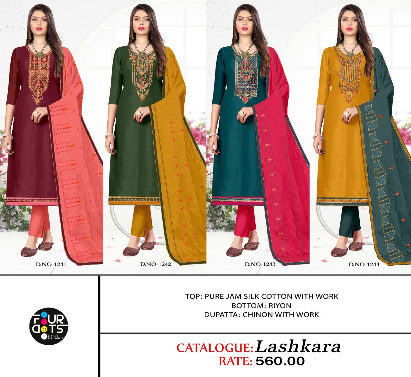 LASHKARA BY FOURDOTS PURE JAM SILK COTTON CASUAL WEAR UNSTICHED SALWAR SUITS WITH WORK 