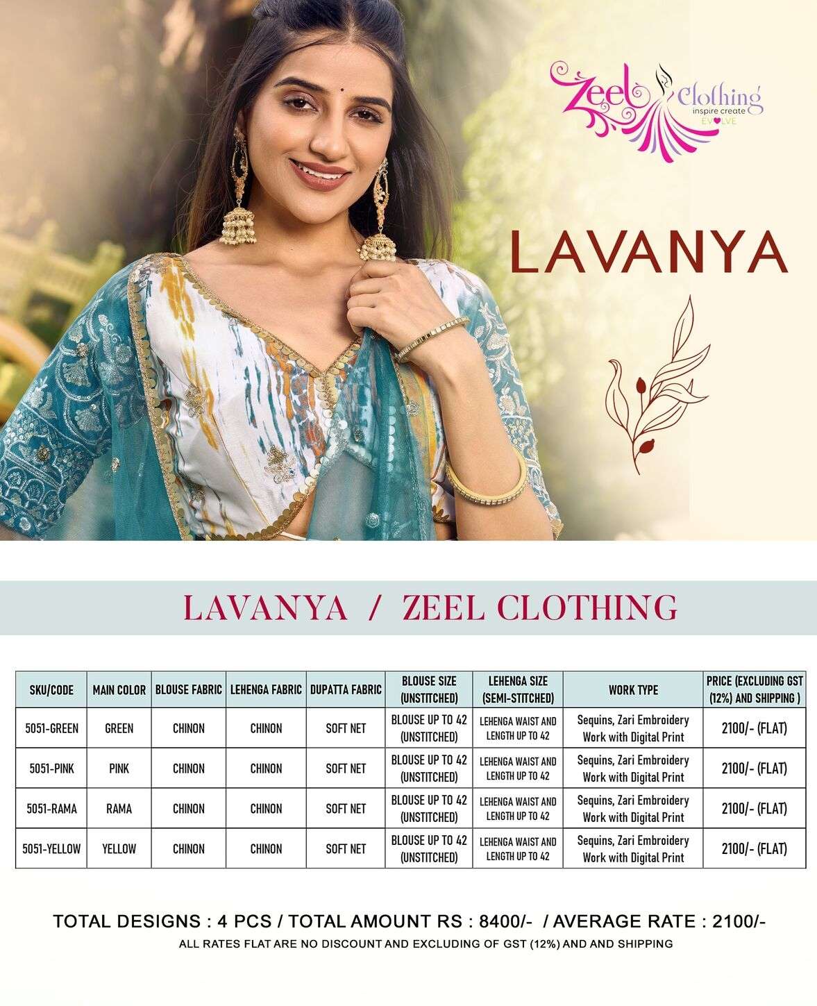 LAVANYA BY ZEEL CLOTHING CHINON FABRIC ZARI EMBROIDERY WORK DIGITAL PRINT LEHENGA BLOUSE WITH DUPATTA 