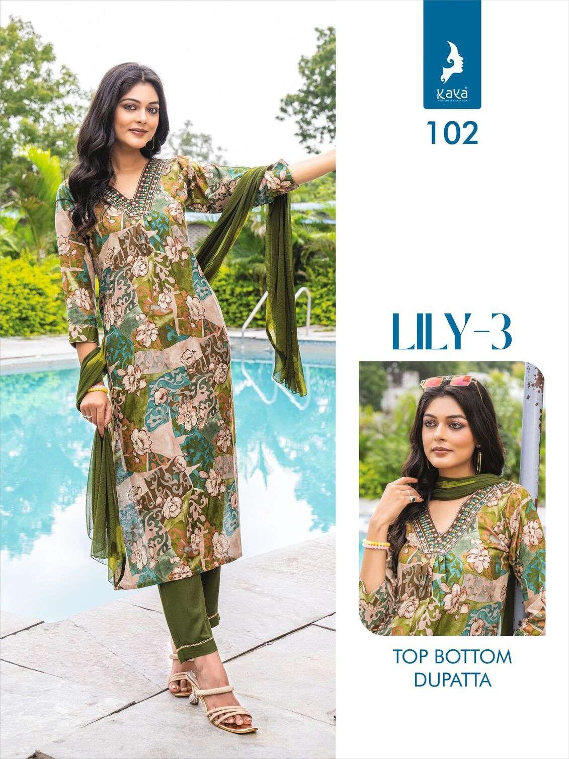 LILY VOL-3 BY KAYA KURTI RAYON PRINT 3 PIECE STRAIGHT CUT V NECK KURTI PANT WITH DUPATTA 