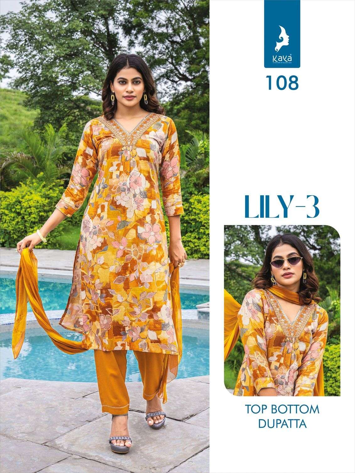 LILY VOL-3 BY KAYA KURTI RAYON PRINT 3 PIECE STRAIGHT CUT V NECK KURTI PANT WITH DUPATTA 