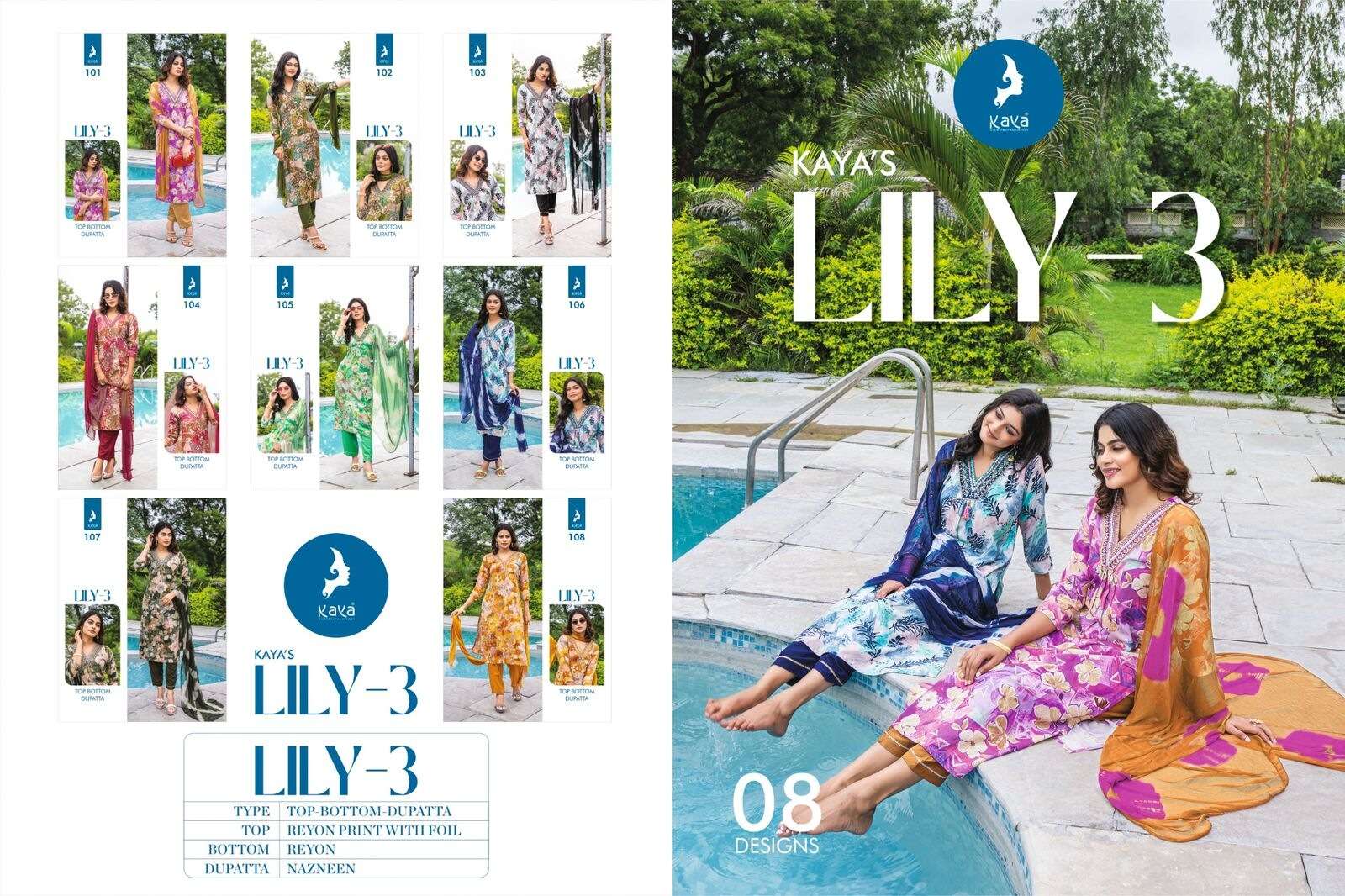 LILY VOL-3 BY KAYA KURTI RAYON PRINT 3 PIECE STRAIGHT CUT V NECK KURTI PANT WITH DUPATTA 