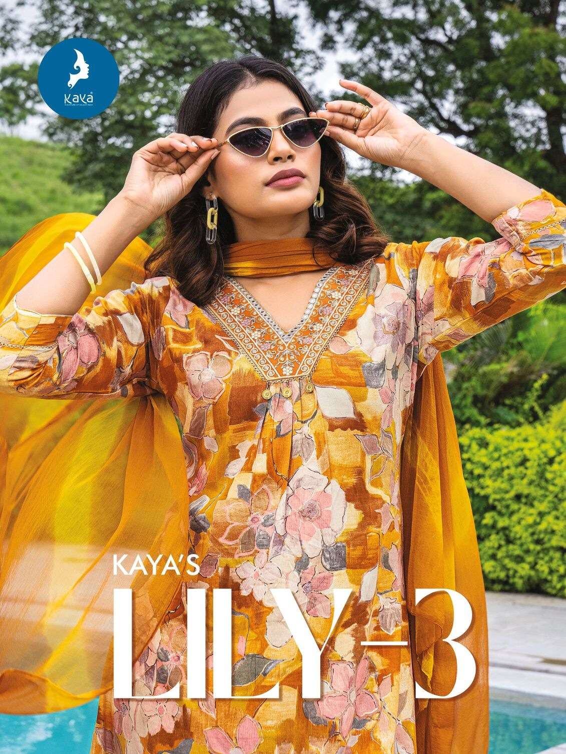 LILY VOL-3 BY KAYA KURTI RAYON PRINT 3 PIECE STRAIGHT CUT V NECK KURTI PANT WITH DUPATTA 