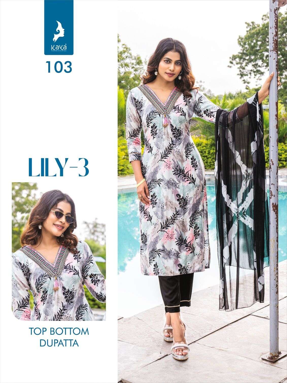 LILY VOL-3 BY KAYA KURTI RAYON PRINT 3 PIECE STRAIGHT CUT V NECK KURTI PANT WITH DUPATTA 