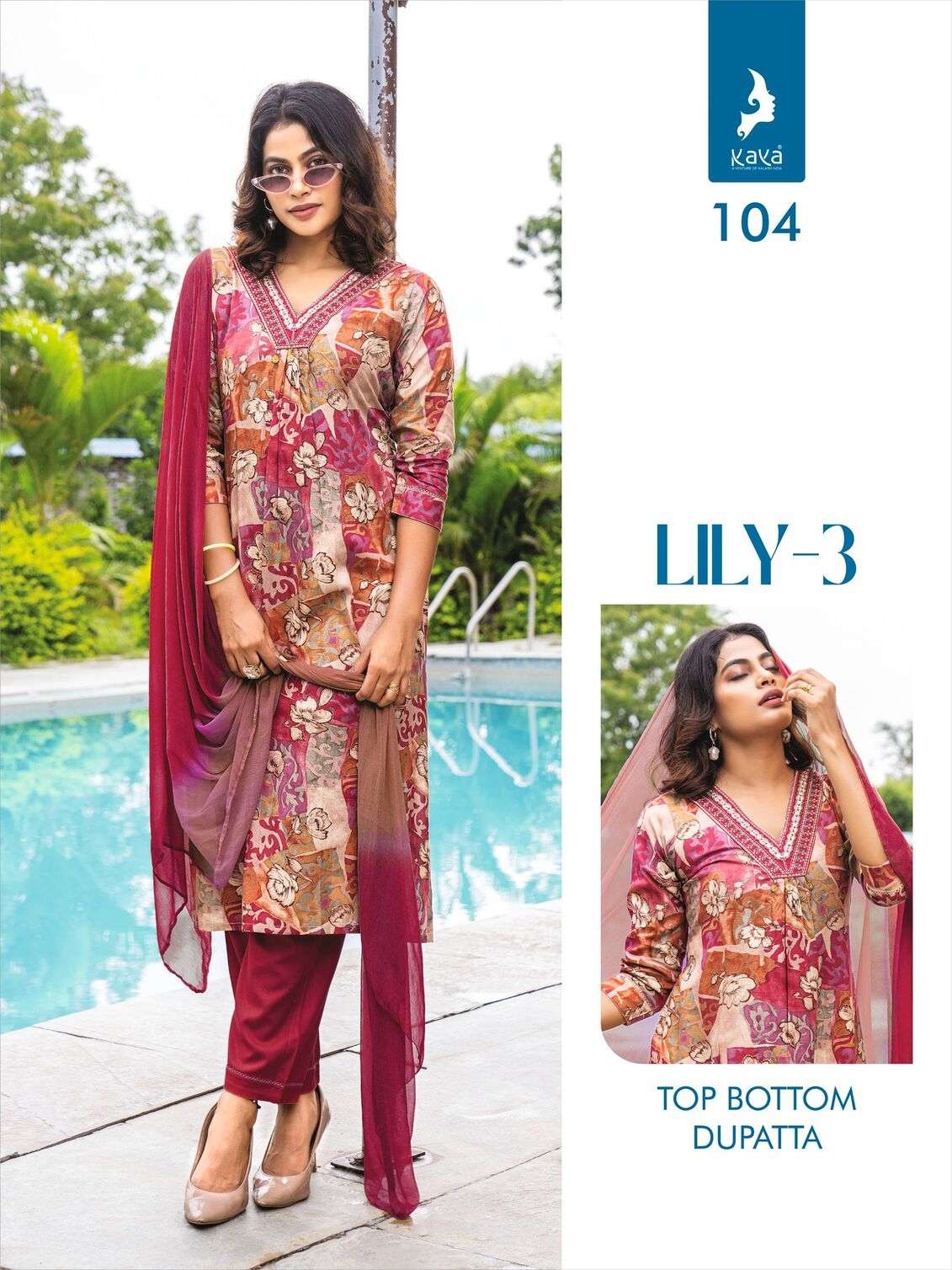 LILY VOL-3 BY KAYA KURTI RAYON PRINT 3 PIECE STRAIGHT CUT V NECK KURTI PANT WITH DUPATTA 