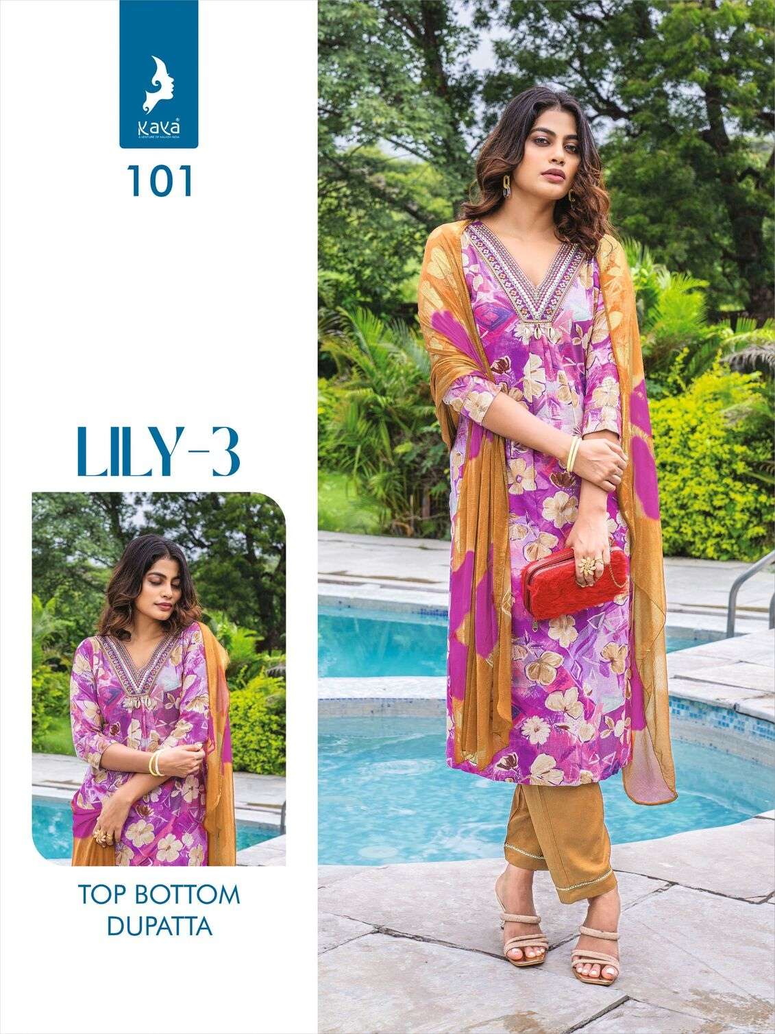 LILY VOL-3 BY KAYA KURTI RAYON PRINT 3 PIECE STRAIGHT CUT V NECK KURTI PANT WITH DUPATTA 