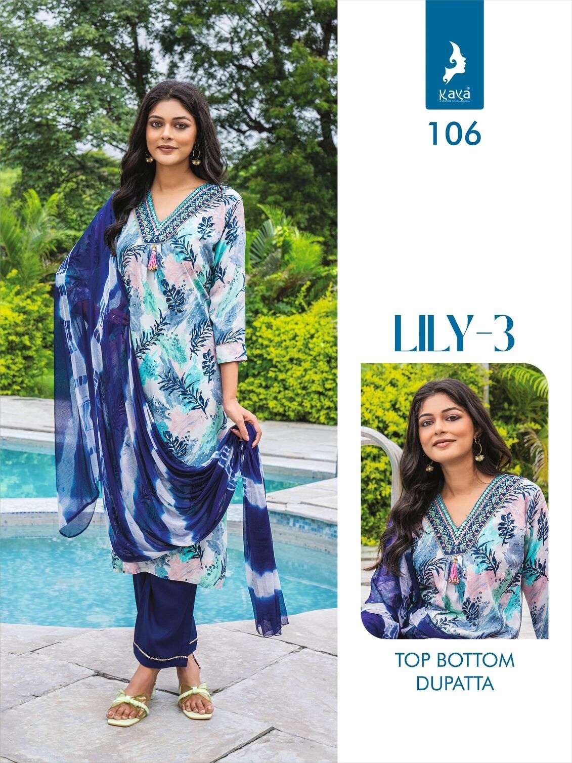 LILY VOL-3 BY KAYA KURTI RAYON PRINT 3 PIECE STRAIGHT CUT V NECK KURTI PANT WITH DUPATTA 