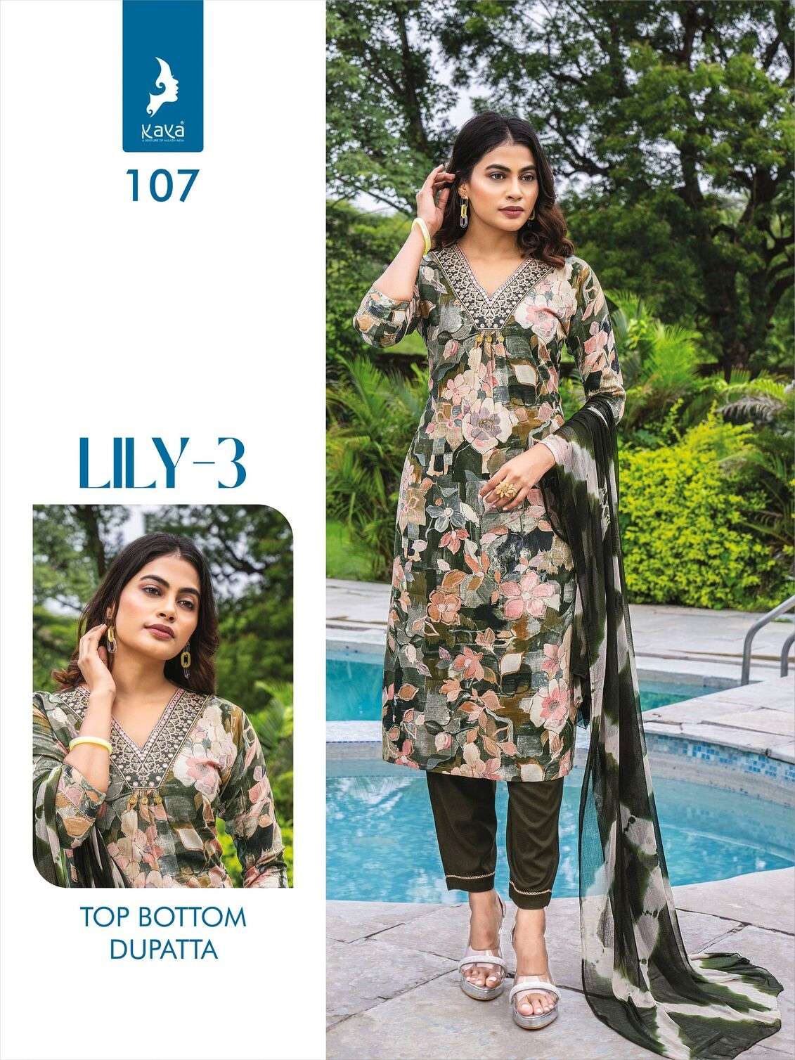 LILY VOL-3 BY KAYA KURTI RAYON PRINT 3 PIECE STRAIGHT CUT V NECK KURTI PANT WITH DUPATTA 