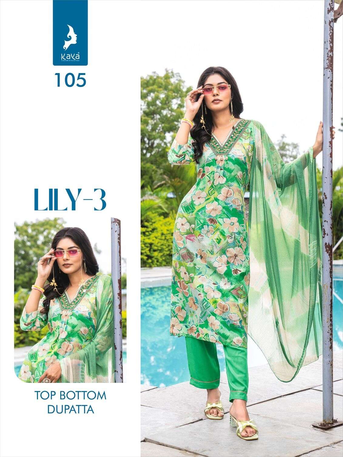 LILY VOL-3 BY KAYA KURTI RAYON PRINT 3 PIECE STRAIGHT CUT V NECK KURTI PANT WITH DUPATTA 