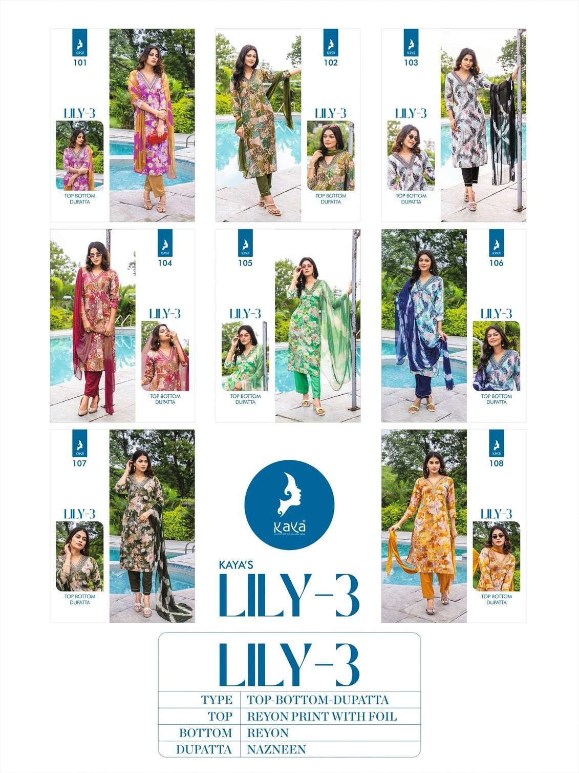 LILY VOL-3 BY KAYA KURTI RAYON PRINT 3 PIECE STRAIGHT CUT V NECK KURTI PANT WITH DUPATTA 