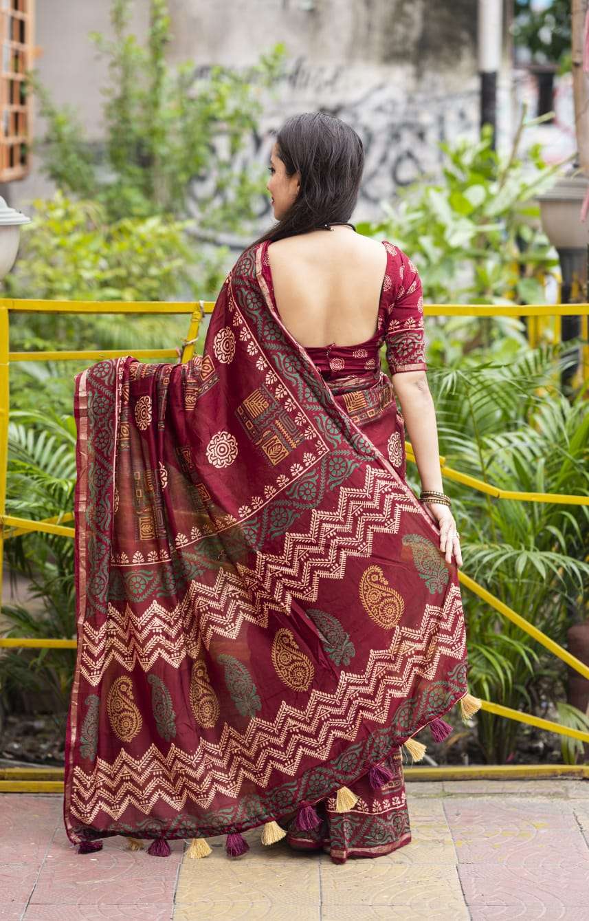 MAGIC AJRAKH BY TEXOFAB PURE CHANDERI COTTON FABRIC BLOCK PRINTED BUTTA STYLE SAREES 