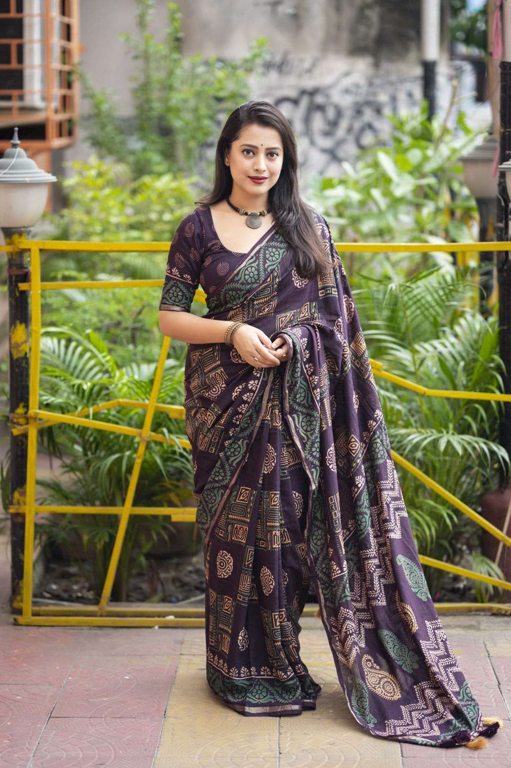 MAGIC AJRAKH BY TEXOFAB PURE CHANDERI COTTON FABRIC BLOCK PRINTED BUTTA STYLE SAREES 